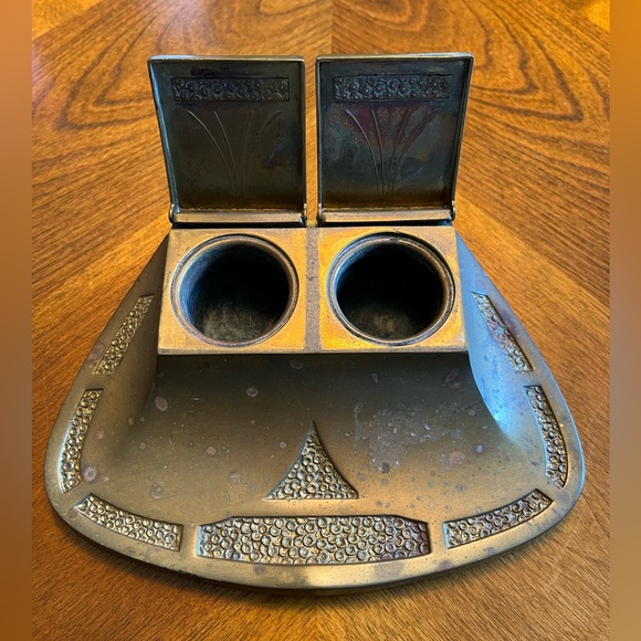 Antique Geschutzt Real Bronze Double Inkwell Set Art Nouveau - Picture 2 of 9